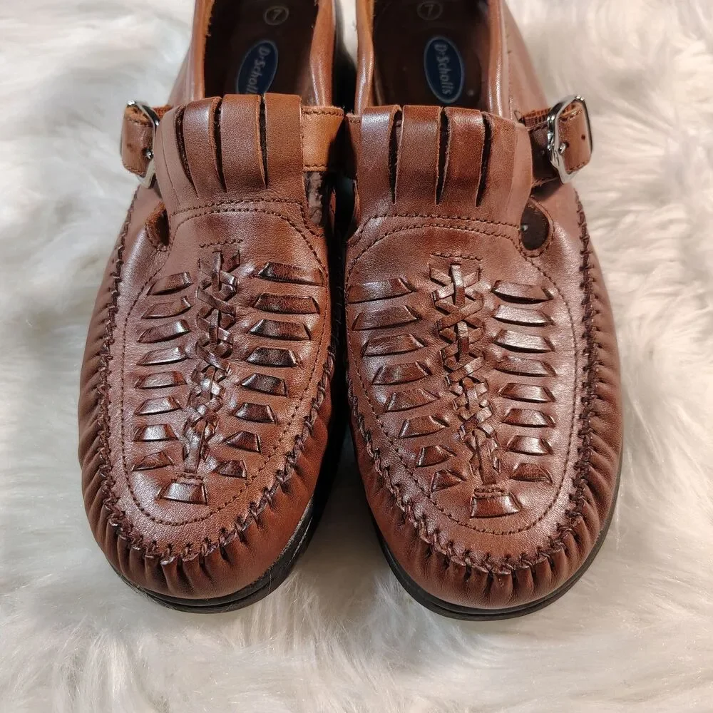 Dr. Scholls Grannycore Oxford Shoes Womens 7 Brown Leather Weave EDITH Buckle
